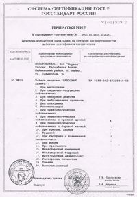 Приложение к сертификату (фиточаи Народный лекарь)